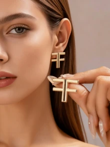 1 par de pendientes de aro con patrón retro de moda - Letras doradas - Ver 4