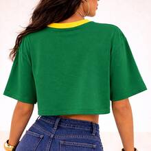 Cropped Cotton World Cup Brazil Shield Print 1002  OOTD Outfit Beautiful Fan Athlete Soccer World Cup Champion Supporters - 綠黃領 - 查看 2