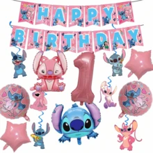 Bộ đồ dùng trang trí tiệc sinh nhật chủ đề Lilo & Stitch, bóng bay hình thiên thần Stitch bằng giấy bạc kèm bóng bay số màu hồng, băng rôn sinh nhật, phù hợp cho trang trí tiệc sinh nhật chủ đề Stitch. - Như hình minh họa. - Xem 2