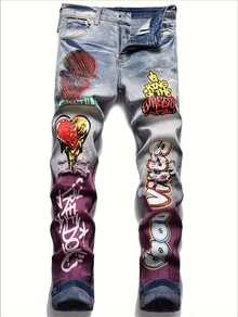 Graffiti Street Art Style, Colorful Mixed Print Design, Mid-Rise Slim Fit Straight Leg, Machine Washable For All Seasons, Classic Five-Pocket Style, Essential Men'S  Ripped Jeans Pants For Hip Hop Y2K Party Outfits, Hip Hop Y2K Clothing - Blue - View 7