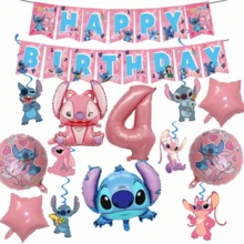 Bộ đồ dùng trang trí tiệc sinh nhật chủ đề Lilo & Stitch, bóng bay hình thiên thần Stitch bằng giấy bạc kèm bóng bay số màu hồng, băng rôn sinh nhật, phù hợp cho trang trí tiệc sinh nhật chủ đề Stitch. - Như hình minh họa. - Xem 5
