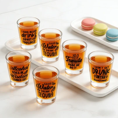 Bộ 4 ly rượu nhỏ bằng thủy tinh trong suốt, in chữ ngẫu nhiên, dung tích 1.75oz, có thể tái sử dụng, đáy nặng, bền chắc, thích hợp cho tiệc tùng, tân gia, nghỉ hưu, sinh nhật, đám cưới, kỷ niệm, lễ hội, các ngày lễ (Ngày Valentine, Lễ Phục Sinh, Ngày của Mẹ, Lễ trưởng thành, Lễ tốt nghiệp, v.v.), món quà tuyệt vời cho bạn thân, đồng nghiệp, hàng xóm, dùng để uống rượu mạnh, whisky, gin, thạch và các loại đồ uống có ga khác (6 màu sắc khác nhau).