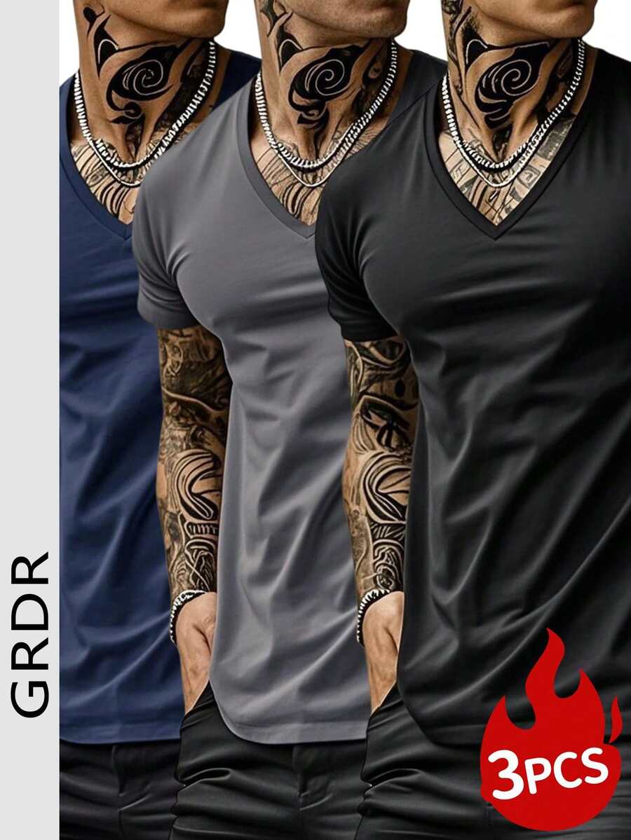GRDR Bộ 3 áo thun nam cổ chữ V tay ngắn màu trơn phong cách thường ngày đường phố.