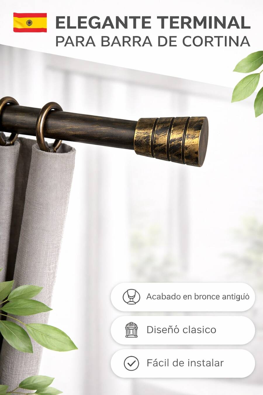 VISTE TU HOGAR Remate para Barra de Cortina 20 mm de Hierro Diseño Cilindro Largo – Juego de 2 Piezas con Material de Fijación, 5 Colores - Pincel negro dorado - Ver 1
