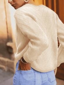 女士优雅长袖V领针织开衫，半透明纽扣设计，休闲常规版型 - 杏色 - 查看 2