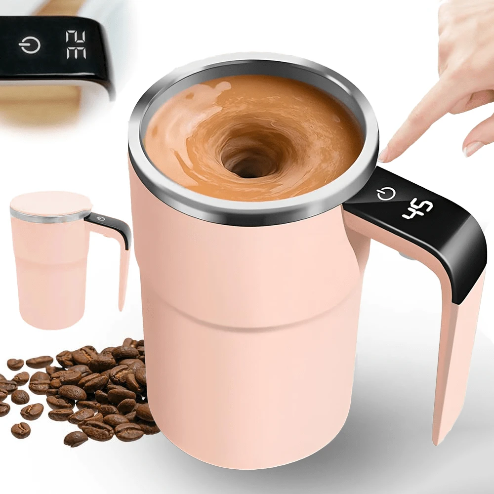 Self Stirring Mug, Stainless Steel Automatic Stirring Coffee Mug With Temperature Display, Rechargeable Travel Coffee Cup With Lid & Handle, For Coffee, Milk, And Other Beverages - Pink - View 1