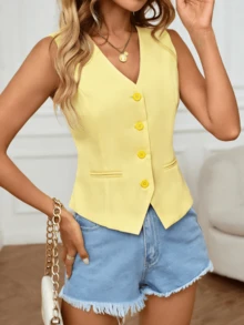 Chaleco sin mangas elegante y casual para uso diario en verano para mujeres - Amarillo - Ver 5