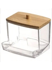 Plastic Swab Holder With Wooden Lid - 1pc, Freestanding, Lightweight, Durable | Bathroom & Makeup Organizer - Multicolor - View 6