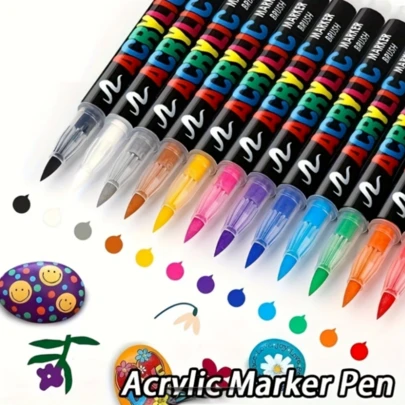 12/24 Colors Acrylic Marker Pens, Soft Tip Liquid Ink Pens, Easy To Use, Suitable For Handicrafts, Glass, Stone, Ceramic, Metal, Canvas, Fabric, Eggs, Rock Painting And DIY Crafts