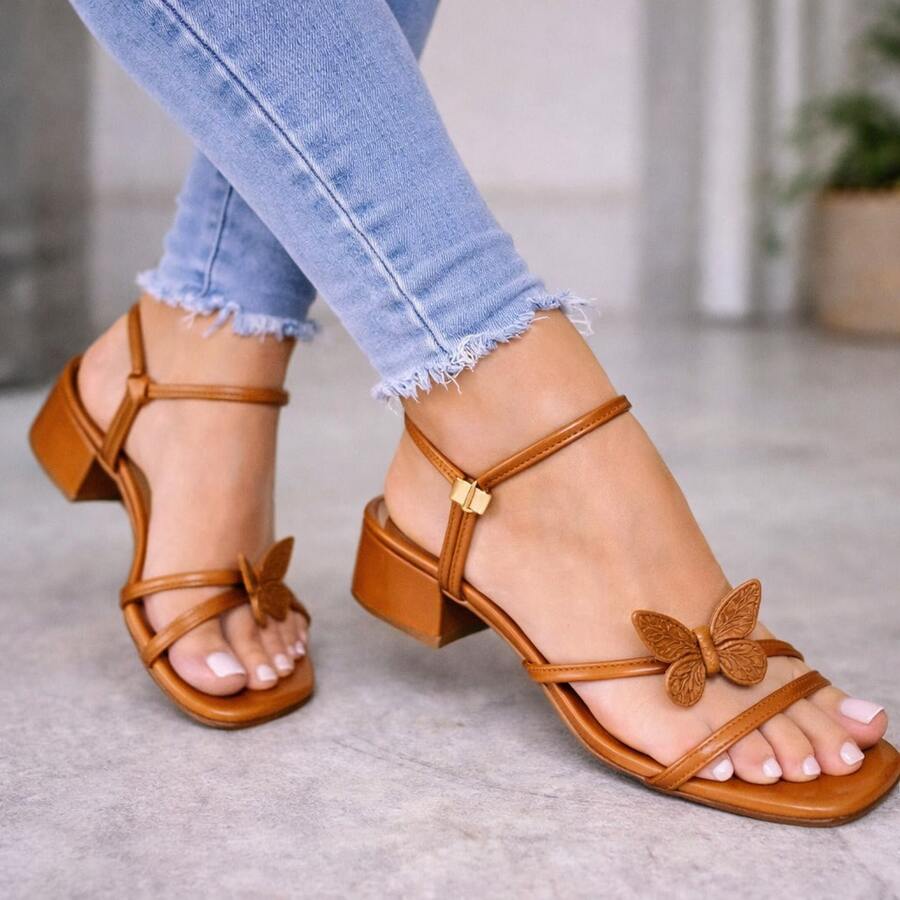 Butterfly Block Heel Sandal, 2 Ways To Wear - New Release - Promotion - Camel - View 1