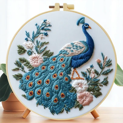 1 Embroidery Kit, 15x15cm/5.9x5.9in--20x20cm/7.9x7.9in, Flowers And Peacock, Handmade DIY Embroidery Kit Suitable For Adults And Beginners, Includes Instruction Manual, Printed Fabric, Embroidery Frame, Needles And Threads, Christmas Gift For Family And Friends