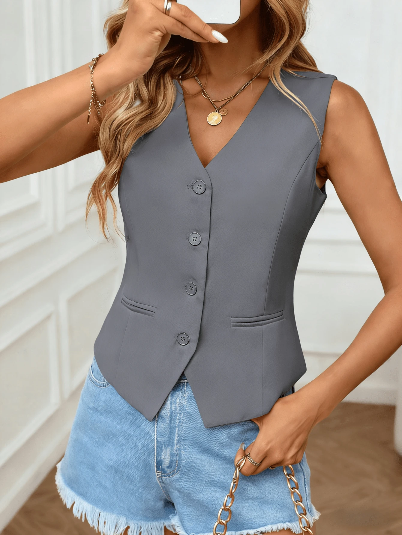 Rompi Tanpa Lengan Kasual Elegan untuk Wanita, Cocok untuk Beraktivitas di Luar Ruangan, Musim Panas - Grey - View 1