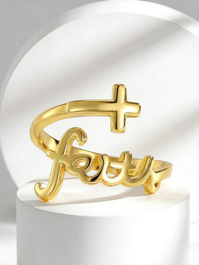 Charm-In Anillo ajustable chapado en oro de 18K con fe y cruz | Anillo de moda religioso delicado para mujeres | Perfecto para regalos espirituales y uso diario