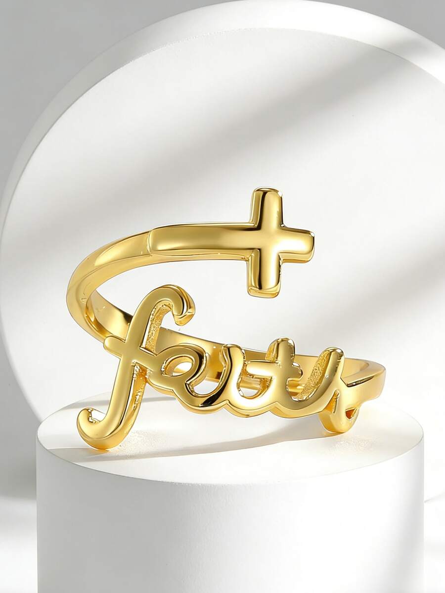 Charm-In Faith & Cross 18K Gold Plated Adjustable Ring | Dainty Religious Fashion Ring For Women | Perfect For Spiritual Gifting & Daily Wear - Gold - View 1