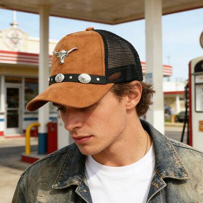 Gorra de malla con cabeza de toro estilo vintage americano, gorra de camionero estilo vaquero occidental, gorra de béisbol con parches de gamuza desgastada y logotipo de cabeza de toro con remaches, gorra de camionero de gamuza desgastada retro, gorra de sol de uso urbano