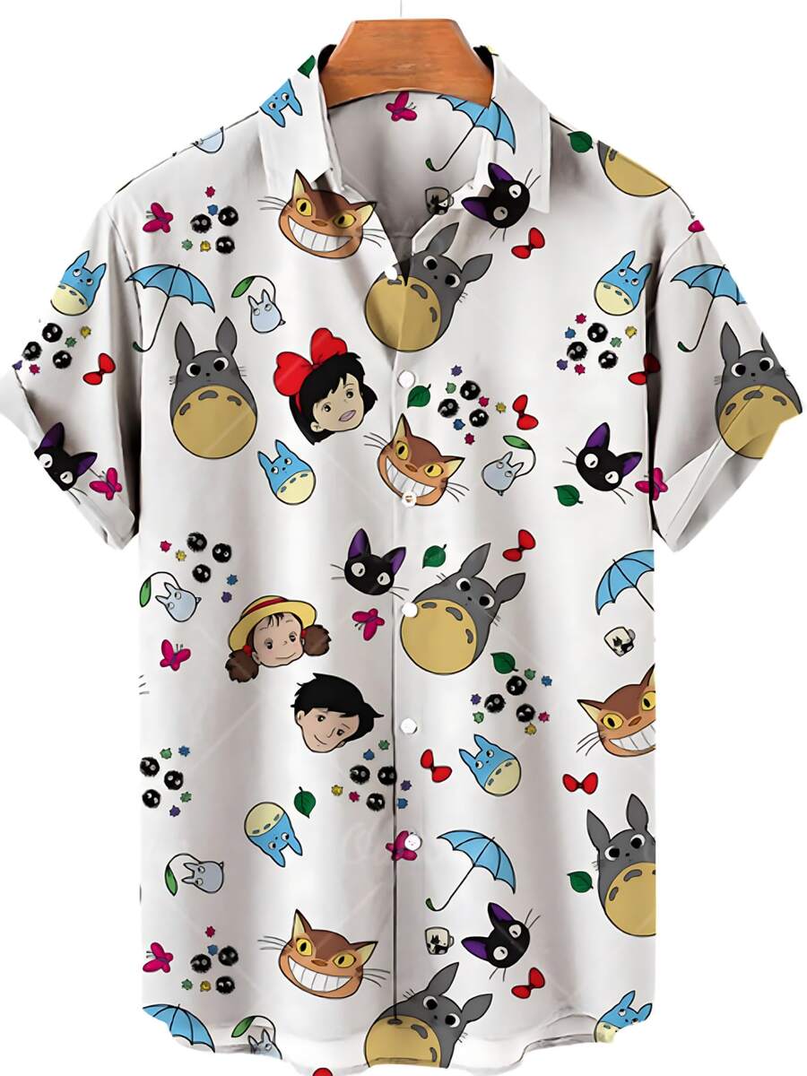 Pattern Shows Charming Forest Spirit Designs Symbolizing Harmony With Nature And Playful Companionship On A Calming Green Background 3D Printed Casual Short Sleeve Button Up Shirt For Men - A508D-aT22866 - View 1