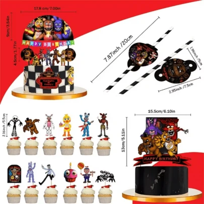 Five Nights at Freddy's Suministros para fiesta de 24 piezas/set de FNAF, banderas para pastel, decoraciones para pastel, pajitas, oso de terror, tema, decoraciones para fiestas, suministros para fiestas de vacaciones, suministros para fiestas de cumpleaños, adecuado para Halloween, Pascua, Navidad
