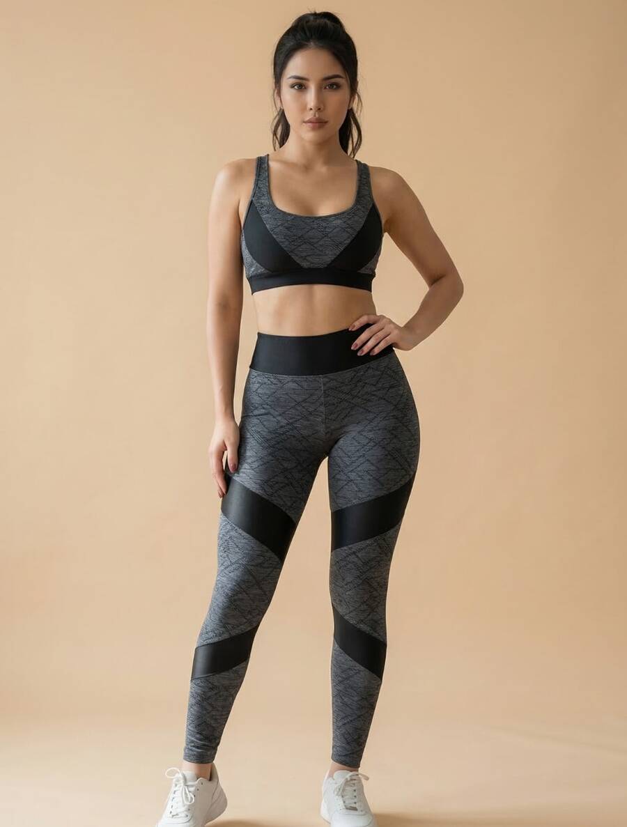 Conjunto fitness feminino academia top regata e calça legging modelador cintura alta - Cinza - Visão 1