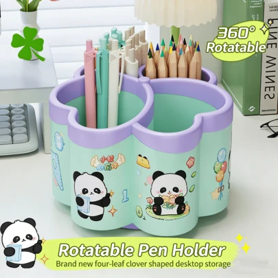قلم حامل متعدد الوظائف على شكل رباعي الأوراق 1 قطعة، حامل أقلام دوار بسعة كبيرة على شكل باندا للمكتب المدرسي، صندوق تخزين أقلام تلوين بسعة كبيرة على شكل رباعي الأوراق قابل للدوران 360 درجة، مع ملصق باندا، منظم قرطاسية مكتبية ودراسية متعدد الأقسام