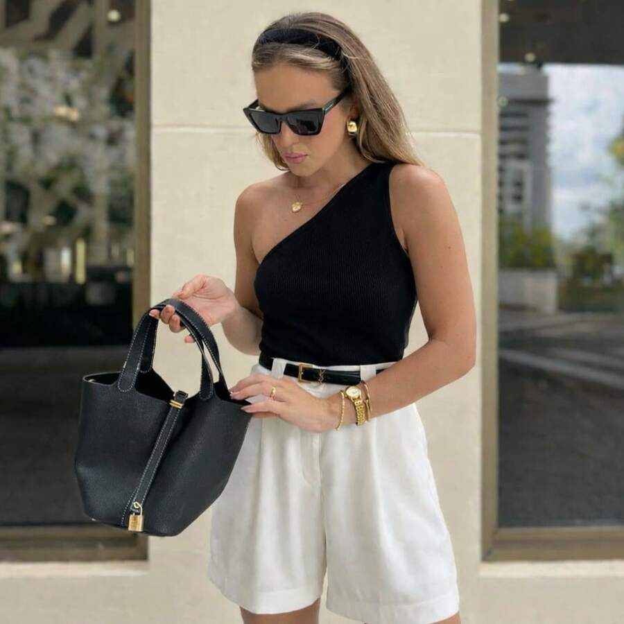 Women's One-Shoulder Blouse Ribbed Ribbon Premium Blouse Tank Top Basic Casual Fashion Elegant Fashion - Hitam - View 1