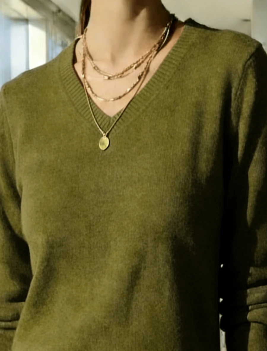 WOMEN'S V-NECK SWEATSHIRT KNITTING LONG SLEEVE WINTER BASIC MODAL - 軍綠色 - 查看 1