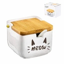 Tarro de Condimentos de Cerámica con Tapa de Madera, Recipiente de Cocina Antihumedad con Cuchara - Blanco - Ver 6