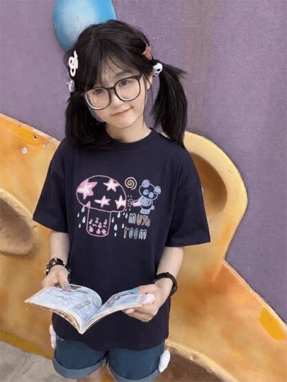 2026夏季新款休闲宽松涂鸦风可爱熊猫印花圆领甜美少女日常穿着舒适纯棉短袖T恤