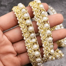 36 pulgadas de elegante cinta de satén lujosa bordada con encaje de perlas doradas, densamente decorada con perlas, adecuada para manualidades de costura y decoración del hogar, accesorio de tela versátil y fácil de usar - Multicolor - Ver 2