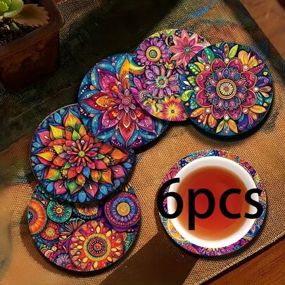 6 adet 2 boyutlu baskılı Meksika tarzı çiçek desenli yuvarlak PET bardak altlığı, veranda, mutfak, oturma odası, ev toplantıları, yemek masası dekorasyonu için uygundur, tatillerde arkadaş ve aile için hediye, Sevgililer Günü, düğün, Anneler Günü, doğum günü partisi için uygundur, ev dekorasyon aksesuarları, arkadaşlar için en iyi hediye.
