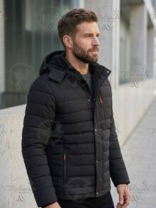 Men's Lined Thermal Jacket/Bobby Jacket, Nylon, With Removable Hood - Black - View 4