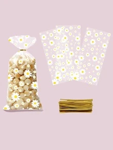 50pcs Transparent Gift Bags With Yellow & White Daisy Flower Pattern, Plastic Bags With Gold Ribbon, Minimalist Daisy Design, Suitable For Birthday Party Decoration, Baby Shower Supplies, Gender Reveal Party, Party Favors, Gift Packaging - Daisy-patterned Flat Pocket - View 5