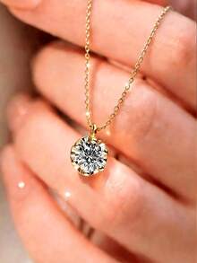 Stainless Steel Shiny Bling Necklace | Shiny Choker Necklace, Eternal Wedding Necklace, Inlaid Synthetic Cubic Zirconia, Suitable For Daily Wear, Banquet, Wedding, Luxury Jewelry Gift, Women Necklace, Mother's Day Gift - Six-prong Pendant Necklace - View 6