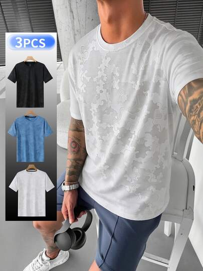 男士夏季冰丝休闲运动T恤三件套，提花印花，透气面料，日常通勤，街头时尚，运动健身