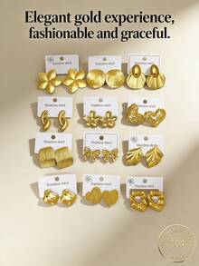 4/12/24 pezzi - (Stile casuale) Orecchini in acciaio inossidabile, orecchini con design a cuore/foglia/ala in oro, vari stili, design elegante, set di orecchini in acciaio inossidabile, regalo perfetto di orecchini per le donne, orecchini da donna, orecchini in oro, orecchini in oro per gli ospiti del matrimonio - Taglia unica - Visualizzare 2