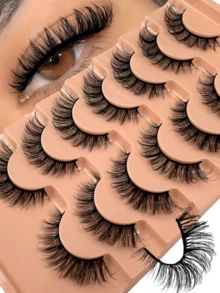7 pares de pestañas de ojo de gato esponjosas y desordenadas, de banda negra, largas y naturales, con extremos alados que alargan los ojos, pestañas postizas de visón natural con efecto de maquillaje natural, fáciles de usar y adecuadas para principiantes - Negro - Ver 7