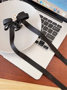 2pcs French Camellia Bow Streamer Small Grabber Female Retro Ballet Style Double Ponytail Hairpin Korean Style Half-Tied Hairpin - Black - View 4