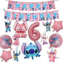 Bộ đồ dùng trang trí tiệc sinh nhật chủ đề Lilo & Stitch, bóng bay hình thiên thần Stitch bằng giấy bạc kèm bóng bay số màu hồng, băng rôn sinh nhật, phù hợp cho trang trí tiệc sinh nhật chủ đề Stitch. - Như hình minh họa. - Xem 16