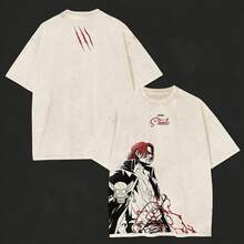 One Piece Red-Haired Shanks Scar "Red Hair Shanks" Text Graphic Vintage Washed Oversized T-Shirt, Men's Anime Streetwear Short Sleeve Tee, Anime Shirts, Men's Vintage T Shirts,100 Percent Cotton Mens Clothes,Unisex Graphic T Shirt, Y2k Clothes, Anime Shirts, Men's Vintage T Shirts,Unisex Vintage Washed Oversized T-Shirt, Graphic T Shirt, Y2k Clothes - 杏色 - 查看 1