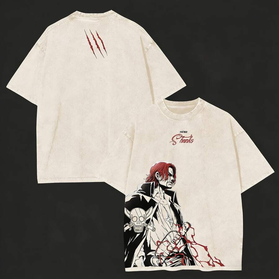 One Piece Red-Haired Shanks Scar "Red Hair Shanks" Text Graphic Vintage Washed Oversized T-Shirt, Men's Anime Streetwear Short Sleeve Tee, Anime Shirts, Men's Vintage T Shirts,100 Percent Cotton Mens Clothes,Unisex Graphic T Shirt, Y2k Clothes, Anime Shirts, Men's Vintage T Shirts,Unisex Vintage Washed Oversized T-Shirt, Graphic T Shirt, Y2k Clothes - 杏色 - 查看 1