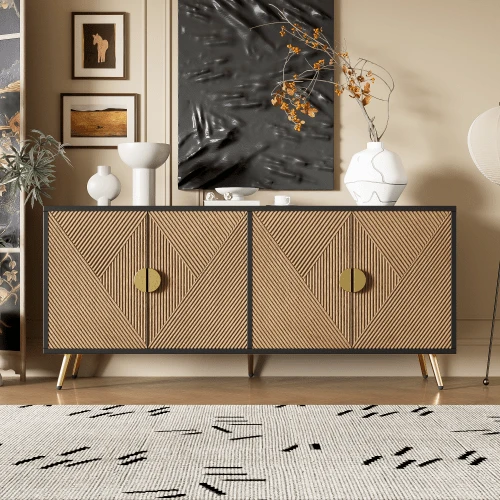 Dining Room Cabinet 160 Cm, Four Doors, Brushed Gold Handles, High Gloss Table Legs.