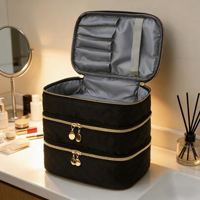 三层大容量便携式洗漱包，时尚化妆品收纳包，带顶部提手，三层收纳设计，适合商务旅行，是馈赠亲朋好友的理想之选。
