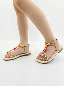 1 Pair Beige Fashion Children's Sandals, Girls' Flat Sandals, Bohemian , Colorful Woven Straps, Multiple Decorative Accessories, Lightweight & Comfortable, Soft Non-Slip Sole, Suitable For Summer Outings, Banquets, Beach Parties, Weddings, Vacations, Daily Wear, Beach Sandals, Girls' Sandals - Red - View 8