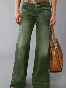 New Women's High-Quality Fashion Casual Loose Fit Denim Wide Leg Pants, Comfortable Everyday Wear Spring - Green - View 2