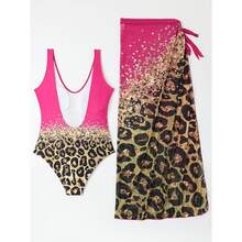 Leopard Print Swimsuit For Women 2 Piece - Sequin High Neck Bathing Suit With Cover Up; Stylish Two Piece Swimsuit; Sexy Summer Beachwear; Plus Size Options Available - 多色858 - 查看 3
