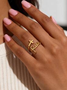 Charm-In Faith & Cross 18K Gold Plated Adjustable Ring | Dainty Religious Fashion Ring For Women | Perfect For Spiritual Gifting & Daily Wear - Gold - View 3