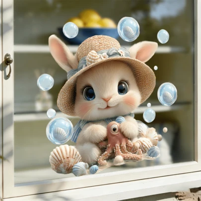 1/5片装装饰玻璃贴纸 3D 沙滩动物狐狸鸭子贝壳图案静电吸附窗膜，适用于店面、家居、浴室装饰，可移除，美观室内墙面艺术品