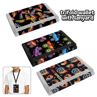 Portacartas multifuncional de 3 pliegues, con estampado de coche de dibujos animados, plegable y portátil. Incluye llavero, monedero, compartimento para billetes, ventana para identificación y cierre de .
