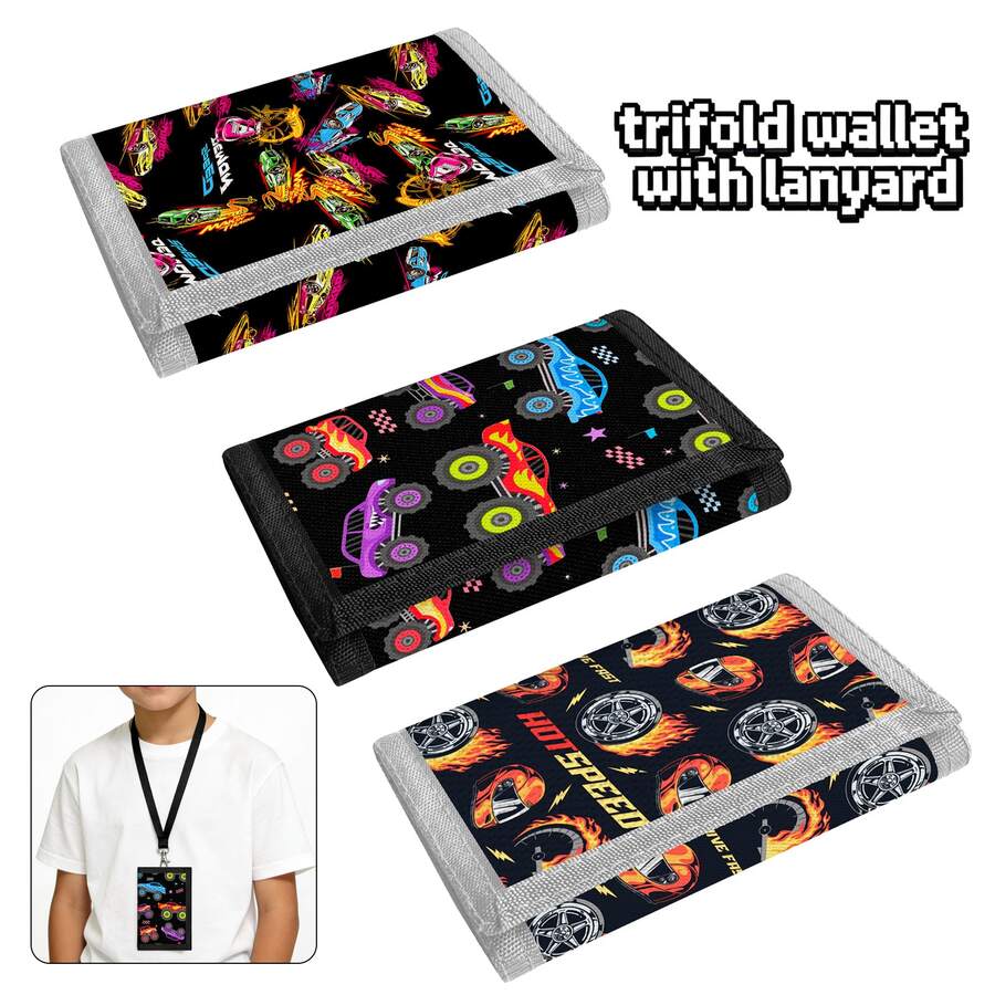 Portacartas multifuncional de 3 pliegues, con estampado de coche de dibujos animados, plegable y portátil. Incluye llavero, monedero, compartimento para billetes, ventana para identificación y cierre de . - Multicolor - Ver 1