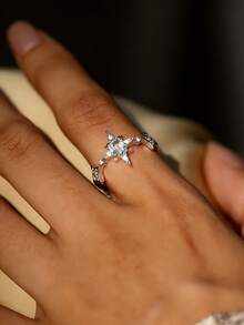 1枚S925纯银蓝色宝石星芒戒指，优雅高品质珠宝，适合女性订婚/求婚，也适合日常佩戴。 - 銀色 - 查看 2