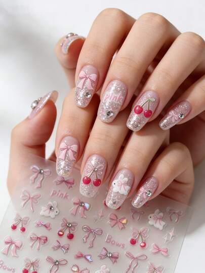 Frühlings- & Sommer-5D-Nagel-Sticker, Nail Art Aufkleber mit Hase, Blumen, Schleifen Mustern, Holografischer Effekt, DIY Maniküre